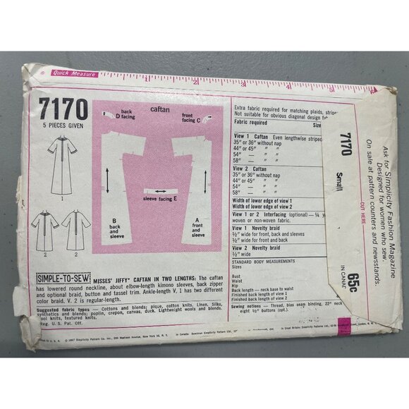 1967 Simplicity 7170 Sewing Pattern Size Small 10-12 Jiffy Caftan Vintage CUT - Picture 5 of 8